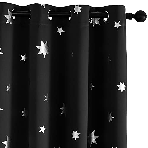 Anjee Black Blackout Curtains With Silver Star Print For Kids Room, Grommet Top Thermal Insulated Window Curtains 2 Panels W52 X L63 Inches, Black #TOP30