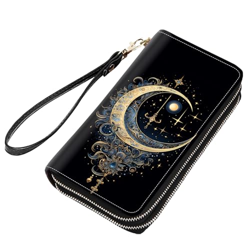 Celestial Theme Stars with Crescent Moon Print Women Large Capacity PU Leather Double Zipper Wallet, Multifunctional Clutch Purse for Cash/Card/Coin/Smart Phone