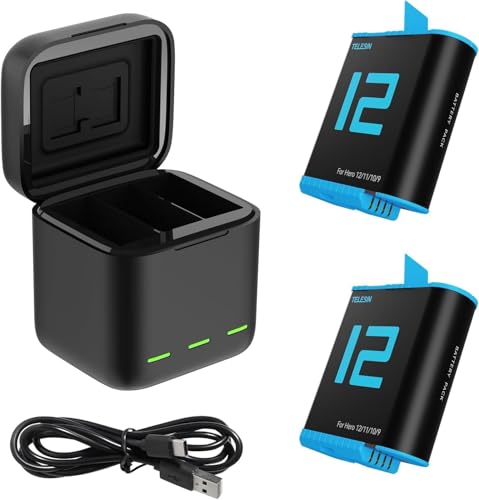 TELESIN Akku-Ladegerät-Set für GoPro Hero 12 11 10 9 Black 2er-Pack Ersatzakkus + 3-Fach Ladecase Mit USB-C Ladekabel Gopro Hero 12 11 10 9 Akku Zubehör