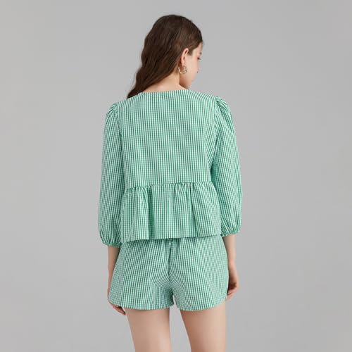 Image of Yuemengxuan Women Y2k Two Piece Plaid Lounge Sets Puff Sleeve Tie front Blouse Top High Waist Shorts Casual Pajamas Sets