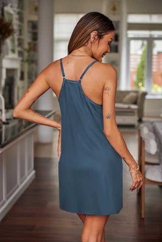 Image of Ekouaer Nightgowns for Women Sleeveless Sleepwear Adjustable Spaghetti Strap Sleepshirt Cotton Nightdress with Pockets Blue Green L