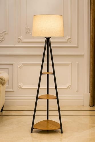 Image of Floor Lamp with Wooden Shelf, Warm White Light, Linen Fabric Shade, Storage Display Design for Living Room, Bedroom and Reading Areas
