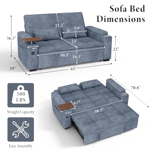 Image of Dreamzie 65'' Convertible Sleeper Sofa Bed with Swivel Side Table, Chenille Pull Out Couch for Living Room, Loveseat Sleeper Couch with Hidden Storage Space | Charging Port | Cup Holders, Blue