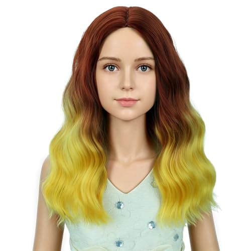 Image of PATTNIUM Flame Color Wig for Kids Girls Short Flame Fire Colored Wigs Side Part Shoulder Length Wavy Heat Resistant Synthetic Wig
