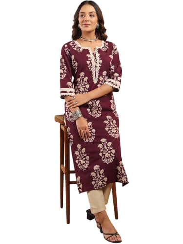 Image of Rimeline Women's Cotton Printed Kurta with Lace Yoke Detail | Elegant Straight Fit Ethnic Wear for Office, Casual & Daily Styling