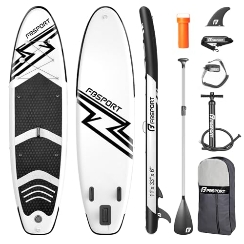 FBSPORT Aufblasbares SUP Board, Stand Up Paddling Board, Aufblasbare Stand Up Paddle Board für Stand-Up Paddling 15CM Dick, Surfbrett Kit mit Verstellbares Aluminium SUP Paddel+Pumpe(Blackwhite)