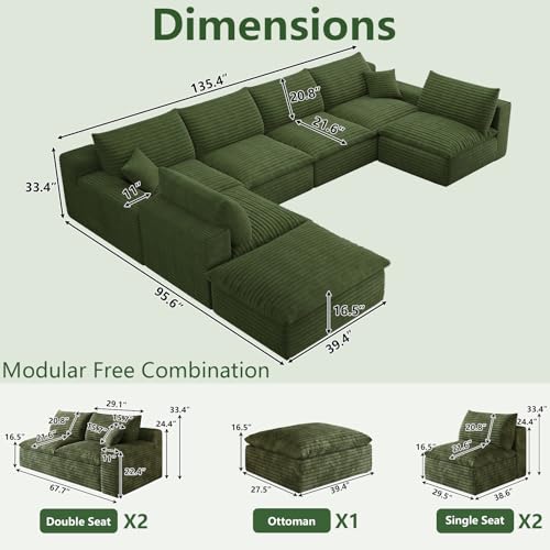 Image of 136 inch Cloud Couch Modular Sectional Sofa for Living Room, U-Shape Boneless Couch with Deep Seat, Modern Corduroy 6-Seater with Ottoman, No Assembly Required, Green