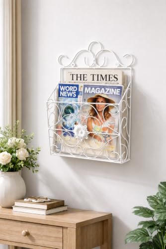 Image of Wall Mounted Hanging File & Magazine Holder - Metal Organizer for Newspapers, Documents & Office Storage | Decorative Rack for Home & Workspace 39x26x10 cm. (White)
