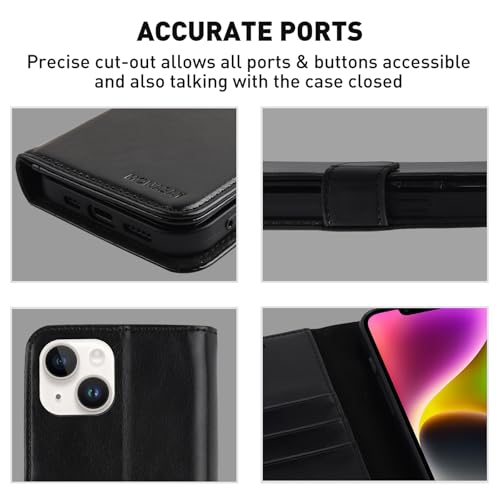 Image of MONASAY Vegan Leather Fit for iPhone-14 /13 5G Wallet Case, 6.1-inch, [Glass Screen Protector Included] [RFID Blocking] Flip Folio Phone Cover with Credit Card Holder,Black