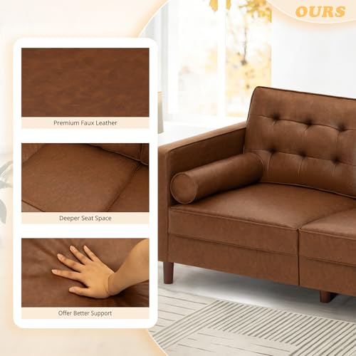 Image of 67 Inches Modern Faux Leather 2-Seat Sofa w /2 Bolster Pillows & Tufted Backrest, Mid-Century Couch, Premium 2 Seaters Sofa for Living Room, Bedroom, Office, Brown