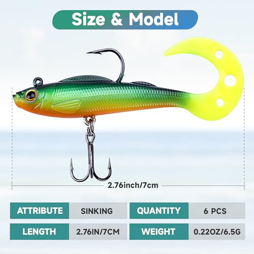 Soft Fishing Lures, Pre-Rigged Jig Head Swimbaits for Bass Fishing, 6Pcs Paddle Tail Swim Baits for Fishing Saltwater and Freshwater Trout, Walleye, Crappie