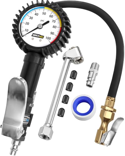 Image of Tire Inflator with Pressure Gauge and Longer Hose - Most Accurate, Heavy Duty Air Chuck with Gauge for Air Compressor Tire Inflator Attachment - 100PSI