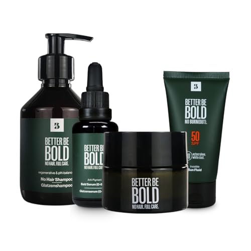 BETTER BE BOLD „VIP Glatzenpflege-Routine (0-3mm) | Mattierende Glatzencreme (0-3mm) + Anti-Pigment Glatzenserum + Pflegendes Glatzenshampoo (0-6mm) + Invisible Sun Fluid LSF 50