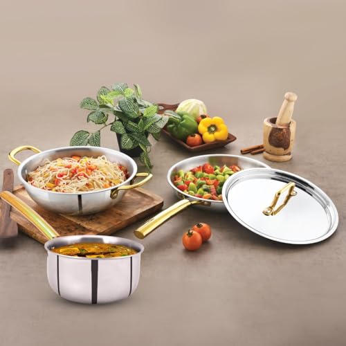 Image of Stainless Steel Triply Cookware Set of 4 Kadai 24cm- 2.4L, Frypan 24cm, Saucepan 18cm & SS Lid with Gold PVD Handle |Gas Stove & Induction Base| 5 Year Warranty - Silver 3.5kg