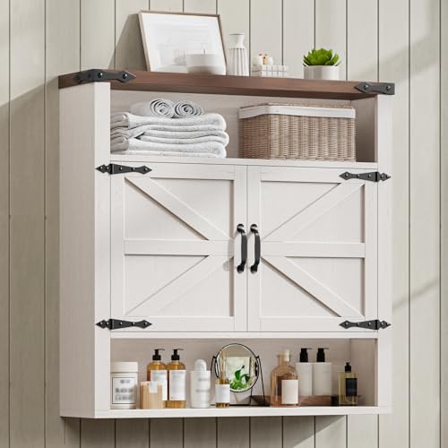 Image of Bathroom Wall Cabinet, Farmhouse Medicine Cabinet with Adjustable Shelves and 2 Barn Doors, Wall Mounted Over the Toilet Storage Cabinet for Bathroom, Laundry Room, Kitchen, Rustic White and Brown