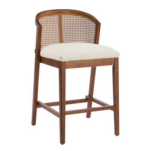 Image of Christopher Knight Home Jane Rattan Counter Stools Set of 4, Counter Height Bar Stools for Bar Table, Rubberwood Frame with Upholstered Barstools, Wood Accent Chair with Footrest, Beige + Walnut