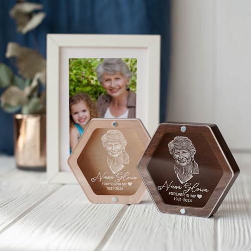 Image of Personalized Keepsake Box for Bereavement Gift, Lock of Hair Memorial, Sympathy Gift for Loss of Mother, Grandmother, Dad, Daughter, Son, Mom, Clear Lid, Engraving, Gift Box (Light Wood with Portrait)