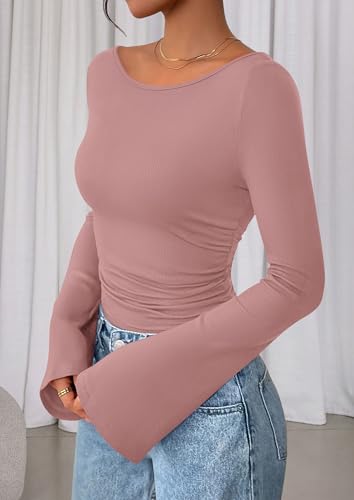 Image of PRETTYGARDEN Women Long Sleeve Shirt 2025 Crop Casual Boat Neck Bell Sleeve Ribbed Ruched Y2K Clothing