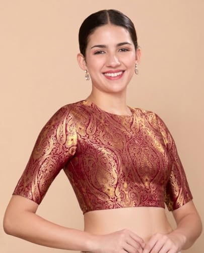 Image of Studio Shringaar Women Brocade Silky Jewel Neck Readymade Elbow Length Sleeve Saree Blouse
