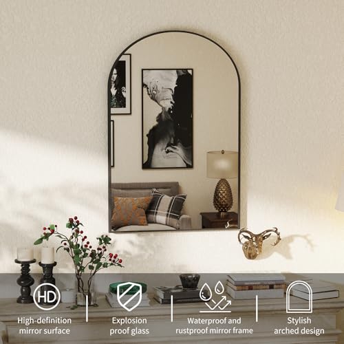 Image of DUMOS Black Metal Arch Vanity Rounded Rectangle Bathroom Mirrors for Over Sink Wall, 24x37 Inch Large Matte Mirror, Modern Decorative for Restroom, Farmhouse