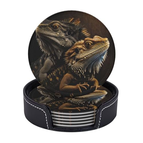 Bearded Dragon Leather Drink Coasters with Holder