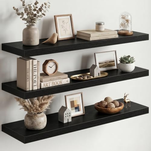Image of Fun Memories Floating Shelves for Wall, 3 Pack 36 Inch Long Floating Shelves, 36 x 10 Wooden Shelves for Wall, Large Storage Shelves, Hanging Shelves for Bathroom Bedroom Kitchen, Black