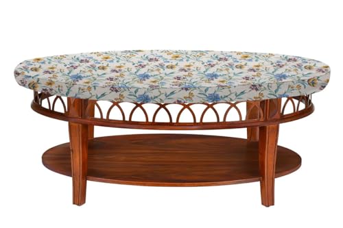 Image of The Furnishing Tree Elastic Cotton Oval Center Table Cover 16x36 in Inches Floral Golden Leaf on offwhite Base