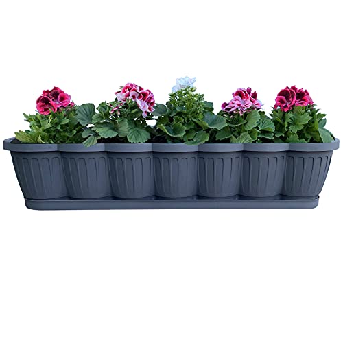 Hossi's Wholesale Blumenkasten 80cm, Balkonkasten mit Wasserspeicher, Pflanzkasten Anthrazit im Wellendesign mit passendem Bewässerungsuntersetzer