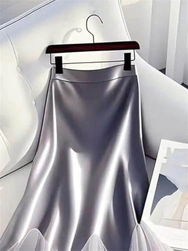 Women Satin Mesh Patchwork Skirt High Waist Solid Tulle Splicing Midi A-Line Skirts4