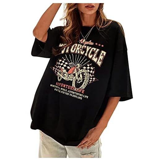 SAFRISIOR Women Vintage Motorcycle Print Graphic T-Shirt Short Sleeve Round Neck Casual Oversized Tee Shirt Top Black