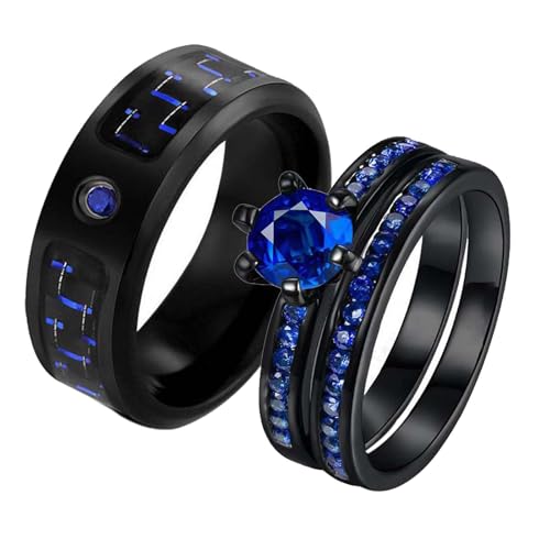 Lot de 2 bagues de mariage noir et doré avec zircone rouge en acier inoxydable pour couple