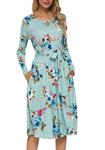 Womens Modest Floral Long Sleeve Pockets Midi Work Dress with Belt Mint L