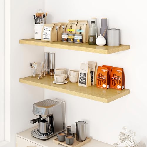 Image of Dreamland 40 inch Floating Shelves for Wall, 12 inch Deep Slim Oak Floating Shelves, Wall-Mounted Shelves for Bedroom, Living Room, Kitchen, Bathroom - Set of 2