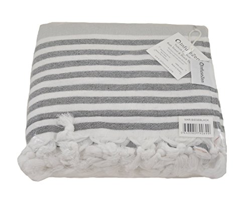 Infusezen Oversized Turkish Towel, Soft Terry Cloth Back, Turkish Bath Towel, Beach Towel, Extra Large Peshtemal Bath Sheet For Plus Size, Nautical Style Thin Hammam Towel, Cotton Fouta (Grey Black) #TOP4
