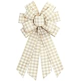Ftuuo Large Natural Buffalo Plaid Wreath Bows, Farmhouse Burlap Bow for Wreath Rustic Crafts Decorative Hanging Ornament Bow for Indoor Outdoor Wedding Holiday Birthday Party Decor