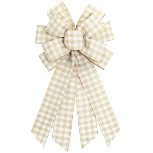 Ftuuo Large Natural Buffalo Plaid Wreath Bows, Farmhouse Burlap Bow for Wreath Rustic Crafts Decorative Hanging Ornament Bow for Indoor Outdoor Wedding Holiday Birthday Party Decor