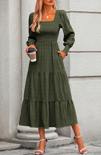 KIRUNDO Spring Dresses for Women 2026 Wedding Guest Maxi Long Sleeve Summer Smocked High Waist Flowy Party Cocktail Dress(Army Green, XX-Large) — view 6