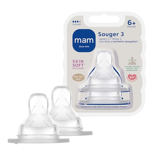 MAM Sauger Größe 3 im Doppelpack, Flaschensauger (Durchflussrate schnell), weicher Trinksauger passend für Flaschen/Trainer, ab 6+ Monate