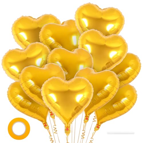 Image of 12 Pcs Gold Heart Balloons,18 Inch Heart Foil Balloons Love Balloon Valentine Balloon for Birthday Party Wedding Engagement Party Baby Shower Valentine Day Decorations