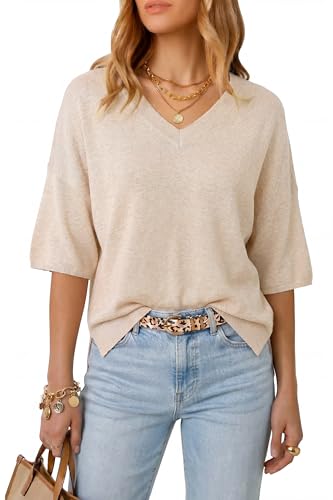 Image of Arach&Cloz Women's Wool Blend Elbow Sleeve Summer Oversized Casual Sweater | Versatile, Fall Layering Soft, Anti-pilling