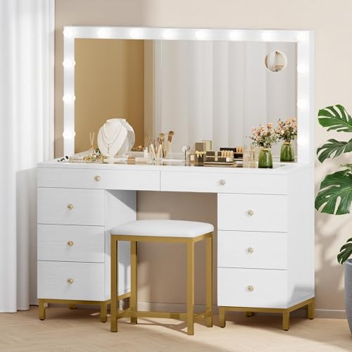 Image of DWVO White Vanity Desk with Mirror: Makeup Table Set with 14 LED Lights & Charging Station Magnifying Mirror, 3 Light Modes, 8 Drawers and Storage Stool