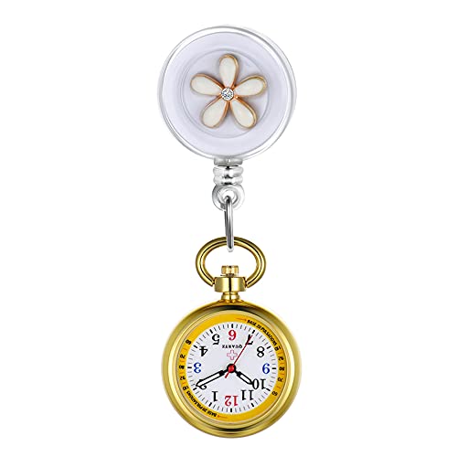 Lancardo ナースウォッチ 看護師用 懐中時計 ポケットウォッチ クリップ式 男女兼用 数字 見やすい レディース 花びら飾り かわいい 3色選択 プレゼント 誕生日 伸び縮み可能 (ゴールド)