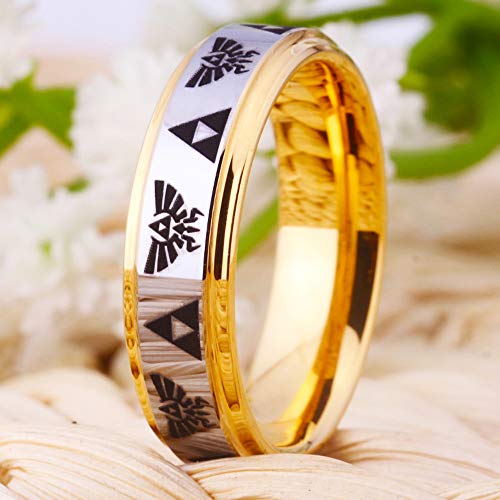 CLOUD DANCER Crest and Triforce Ring Game-Themed Laser Pattern Ring 6mm Silver Surface and Golden Step Tungsten Carbide Wedding Bands Ring - FREE Custom Engraving2