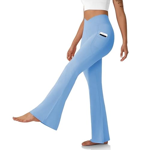 Women's Flare Leggings with Pockets Crossover High Waisted Bootcut Yoga Pants Tummy Control Bell Bottom Leggings Blue Small