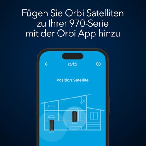NETGEAR Orbi 970-Serie (RBE970B) Quad-Band WiFi 7 Mesh Zusatzsatellit Black Edition, kompatibel mit Mesh-Systemen oder Routern der 970-Serie, erweitert die Abdeckung bis 220 m², BE27000 802.11be