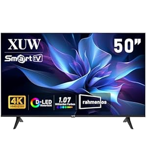 XUW 50 Zoll UHD 4K Smart TV, D-LED-Hintergrundbeleuchtung Fernseher, randloses Design, HDMI USB DVB-T2/S2 RJ45 Anschluss, großer Bildschirm für Wohnzimmer, Schlafzimmer, Home Entertainment - schwarz