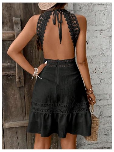 Image of Floerns Women's Contrast Lace Sleeveless Halter Dress Backless Vacation A Line Dress