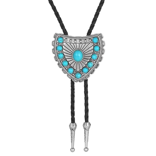 Image of AZORA Western Cowboy Bolo Tie Men Leather Necktie Leather Cord Turquoise Stone Bolo Ties for Men Women
