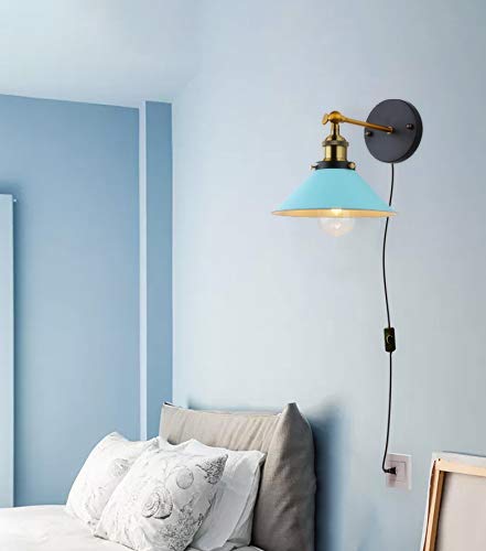 Image of ANYE Wall Sconces with UL Plug-in Button Black Cord Retro Minimalist Style Macaron Blue Iron Lampshade Decor Lights Fixtures for Loft Cabinet Kitchen Hotel Bulb Sold Separately