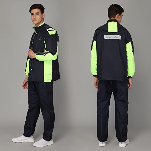 Image of THE CLOWNFISH Solomon Series Men's Waterproof Polyester Double Coating Reversible Raincoat with Hood and Reflector Logo at Back. Set of Top Bottom. Printed Plastic Pouch Rope